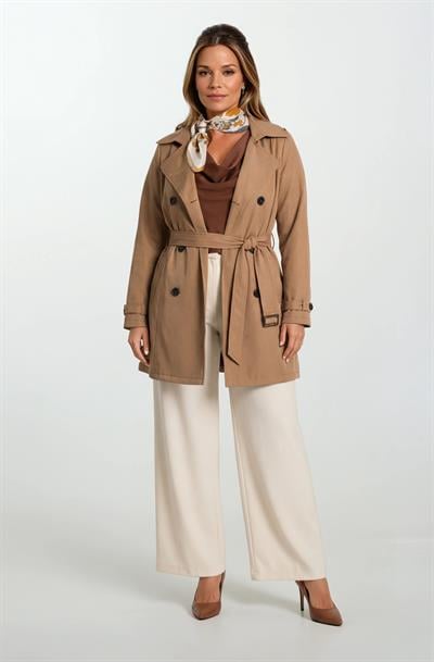 Pallaske Kruvaze Yaka Kuşaklı Cepli Trençkot TABA