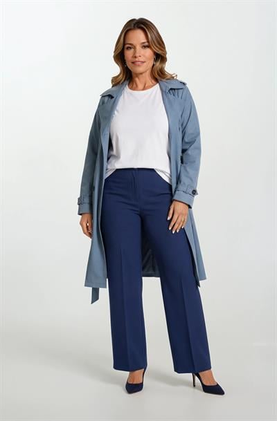 Pallaske Kruvaze Yaka Kuşaklı Cepli Trençkot İNDİGO