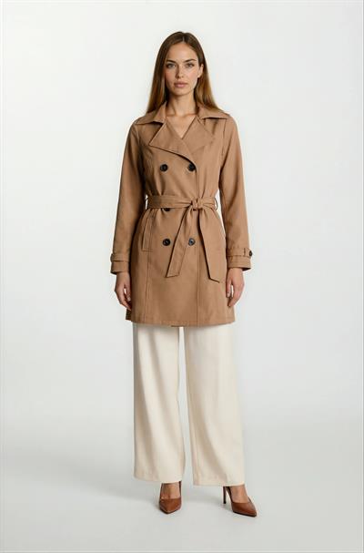 Pallaske Kruvaze Yaka Kuşaklı Cepli Trençkot TABA