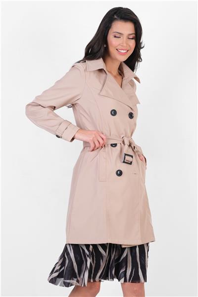 Pallaske Kruvaze Yaka Kuşaklı Cepli Trençkot TAŞ