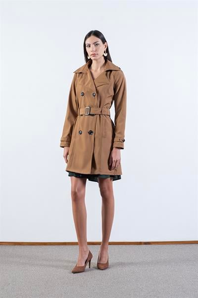 Pallaske Kruvaze Yaka Kuşaklı Cepli Trençkot TABA