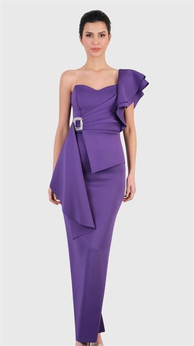 Palmade Kalp Yaka Bel Taşlı Tokalı Uzun Abiye Elbise MOR