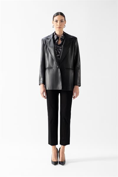 Palmazio Klasik Yaka Tek Düğme Salaş Deri Ceket SİYAH