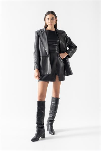 Palmazio Klasik Yaka Tek Düğme Salaş Deri Ceket SİYAH