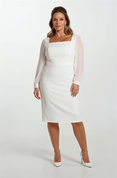 Panattiere Manşet Omuz İnci İşlemeli  Kısa Abiye Elbise EKRU