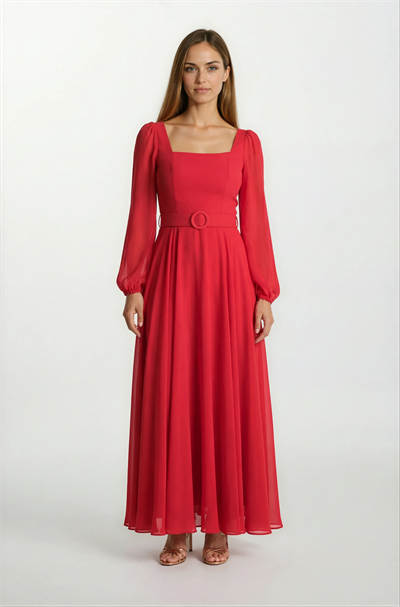 Pannofino U Yaka Kloş Kemerli Uzun Abiye Elbise KIRMIZI