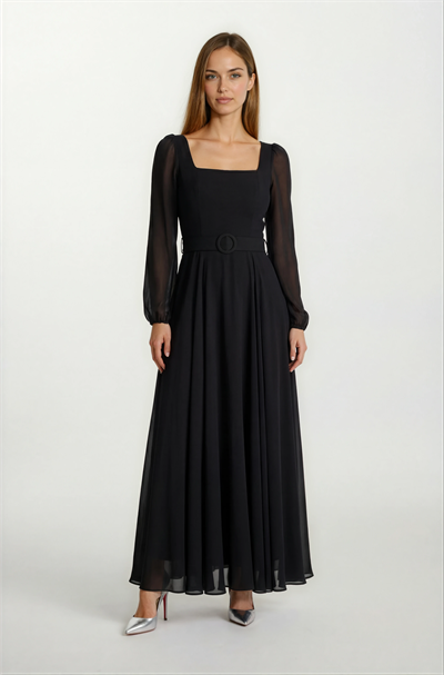 Pannofino U Yaka Kloş Kemerli Uzun Abiye Elbise SİYAH