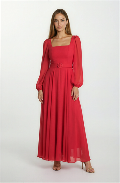 Pannofino U Yaka Kloş Kemerli Uzun Abiye Elbise KIRMIZI