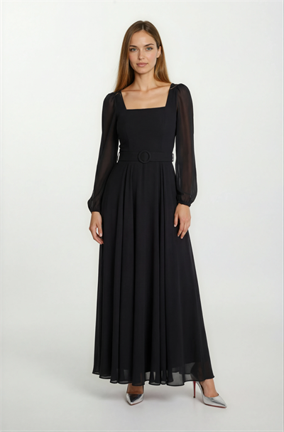 Pannofino U Yaka Kloş Kemerli Uzun Abiye Elbise SİYAH