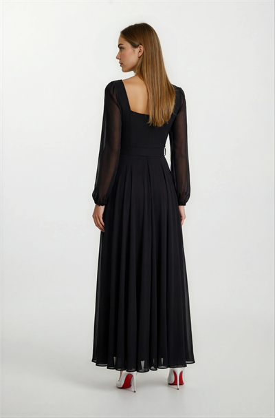 Pannofino U Yaka Kloş Kemerli Uzun Abiye Elbise SİYAH