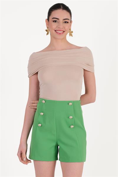 Paridina Önü Düğme Detaylı Mini Şort YEŞİL
