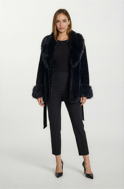 Parisse Kruvaze Yakası Kolları Kürklü Kaban SİYAH