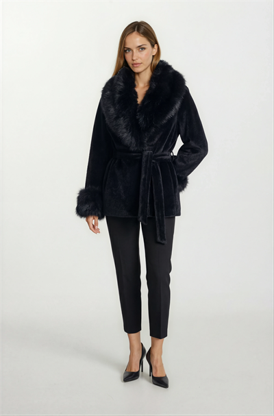 Parisse Kruvaze Yakası Kolları Kürklü Kaban SİYAH