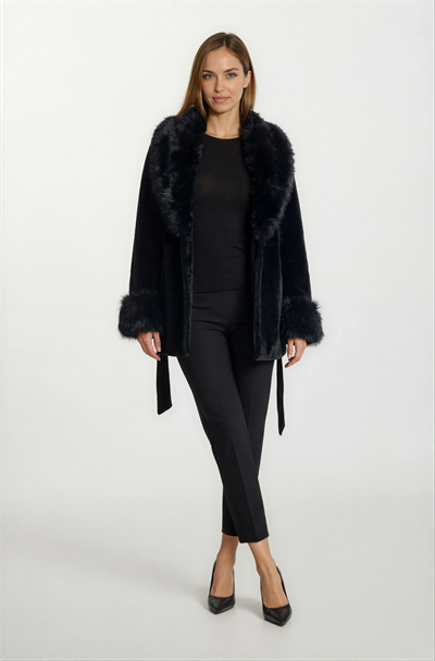 Parisse Kruvaze Yakası Kolları Kürklü Kaban SİYAH