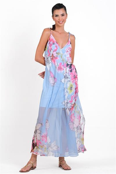 Parquette V Yaka Bağlanabilir Askılı Yırtmaçlı Uzun Abiye Elbise MAVİ