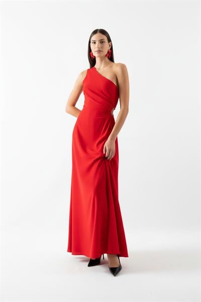 Pasini Tek Omuz Yan Pencere Detaylı Elbise KIRMIZI