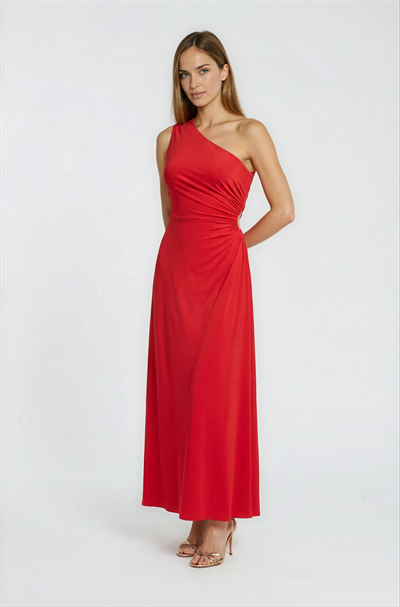 Pasini Tek Omuz Yan Pencere Detaylı Elbise KIRMIZI