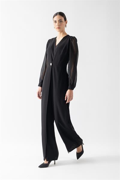 Patroclo Kruvaze Yaka Yırtmaçlı Paça Tek Düğme Abiye Tulum SİYAH