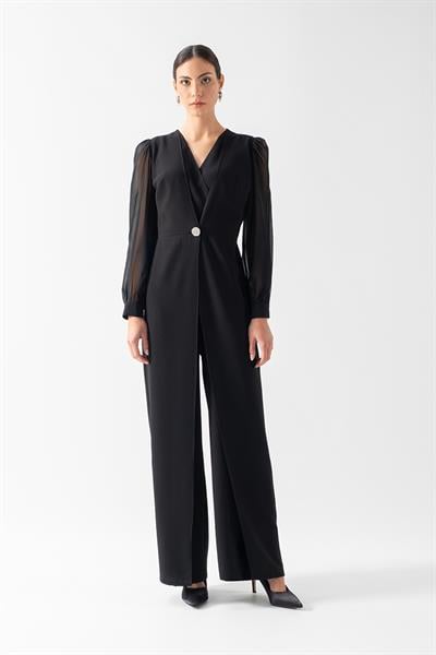 Patroclo Kruvaze Yaka Yırtmaçlı Paça Tek Düğme Abiye Tulum SİYAH