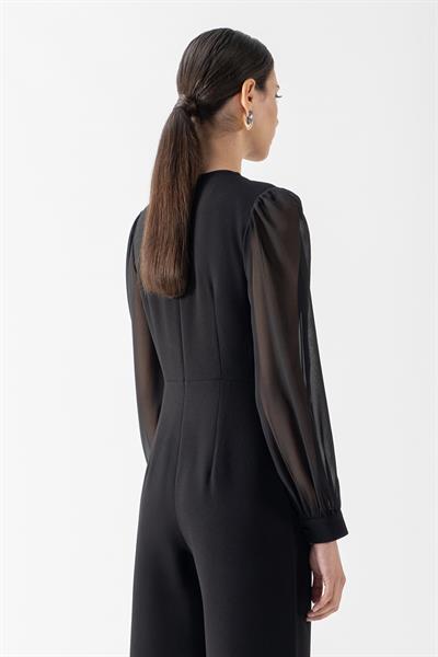 Patroclo Kruvaze Yaka Yırtmaçlı Paça Tek Düğme Abiye Tulum SİYAH