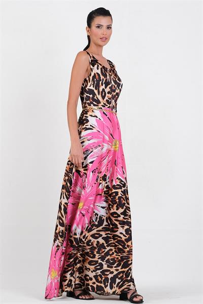 Pattavina V Yaka Zincir Kemerli Uzun Abiye Elbise FUŞYA