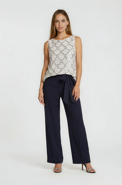 Payetli İşlemeli Kolsuz Geniş Paça Davet Tulumu BEJ