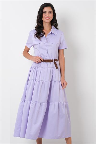 Pellegrini Gömlek Yaka Önü Yarım Düğmeli Kemerli Elbise LİLA