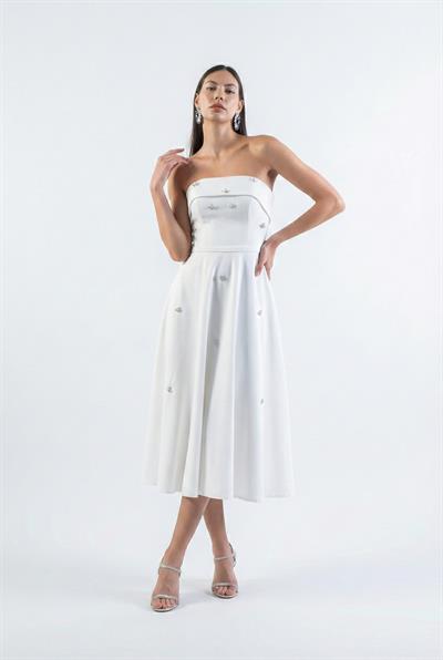 Peltz Straplez Yaka Kloş Taş İşleme Detaylı Kısa Abiye Elbise EKRU