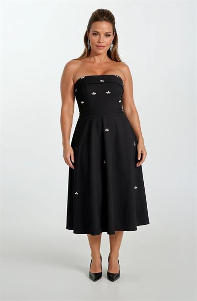 Peltz Straplez Yaka Kloş Taş İşleme Detaylı Kısa Abiye Elbise SİYAH