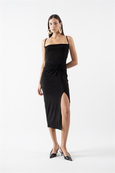 Perabo Degaje Yaka Bel Düğümlü Yırtmaçlı Uzun Abiye Elbise SİYAH