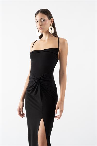 Perabo Degaje Yaka Bel Düğümlü Yırtmaçlı Uzun Abiye Elbise SİYAH