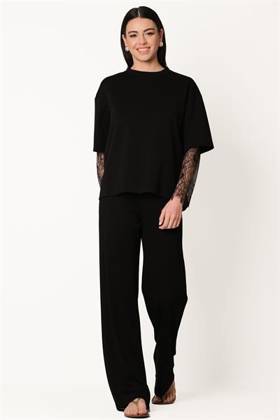 Persilio Bisiklet Yaka Dantel Kol Detaylı Bluz SİYAH