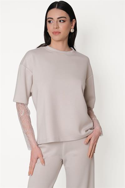Persilio Bisiklet Yaka Dantel Kol Detaylı Bluz TAŞ