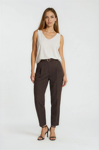 Pileli Yüksek Bel Dar Paça Kemerli Pantolon KAHVE