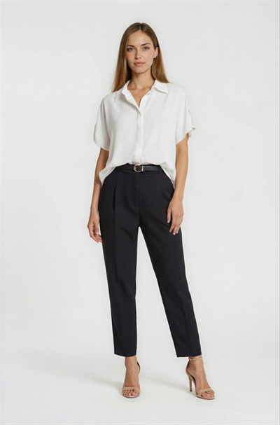 Pileli Yüksek Bel Dar Paça Kemerli Pantolon SİYAH