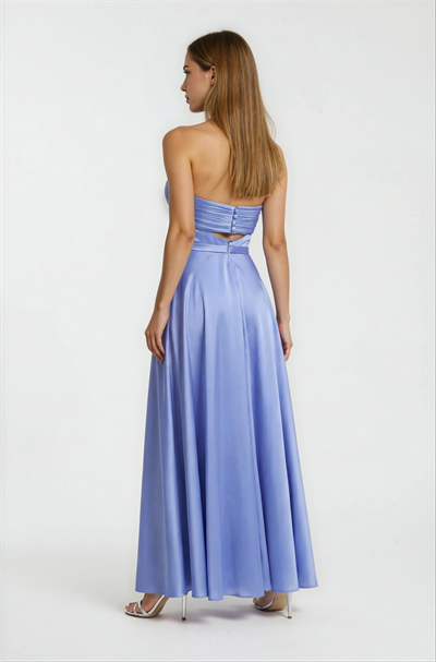 Piliseli Straplez Yırtmaçlı Kloş Uzun Abiye Elbise İNDİGO