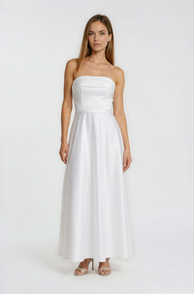 Piliseli Straplez Yırtmaçlı Kloş Uzun Abiye Elbise BEYAZ