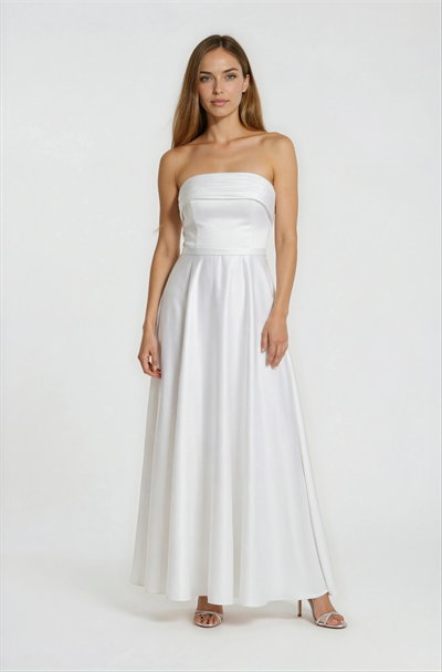 Piliseli Straplez Yırtmaçlı Kloş Uzun Abiye Elbise BEYAZ