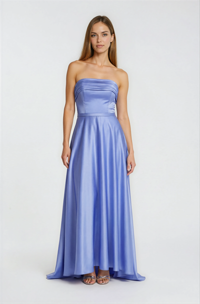 Piliseli Straplez Yırtmaçlı Kloş Uzun Abiye Elbise İNDİGO