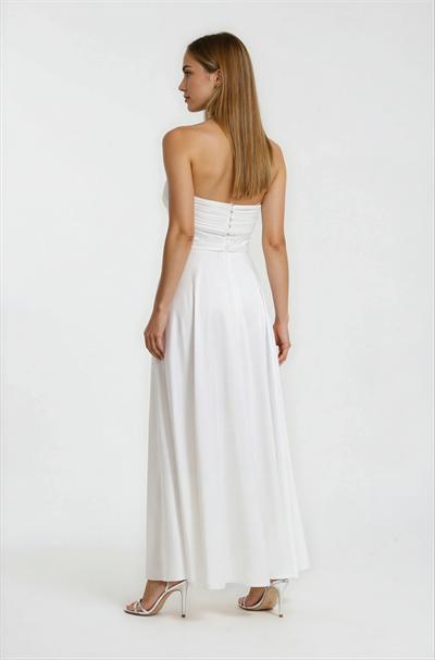 Piliseli Straplez Yırtmaçlı Kloş Uzun Abiye Elbise BEYAZ