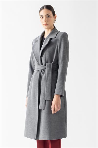 Pivetti Yakası Kürklü Kuşaklı Kaban GRİ