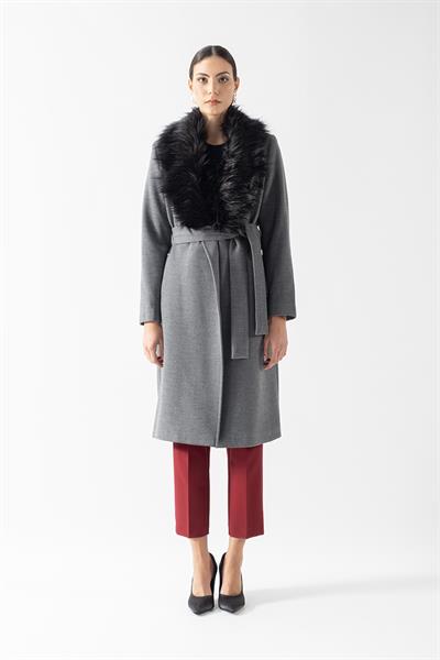 Pivetti Yakası Kürklü Kuşaklı Kaban GRİ