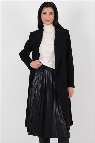 Pivetti Yakası Kürklü Kuşaklı Kaban SİYAH