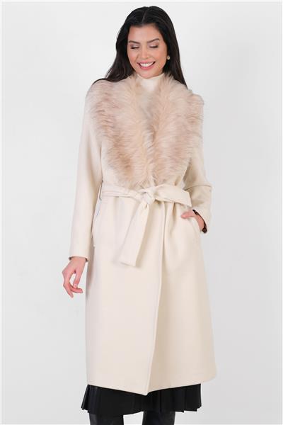 Pivetti Yakası Kürklü Kuşaklı Kaban TAŞ