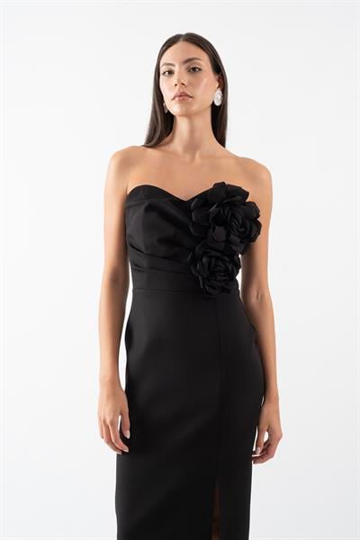 Rabalai  Kalp Yaka Straplez Göğüs Drapeli Büyük Çiçek Detaylı Kısa Abiye Elbise SİYAH