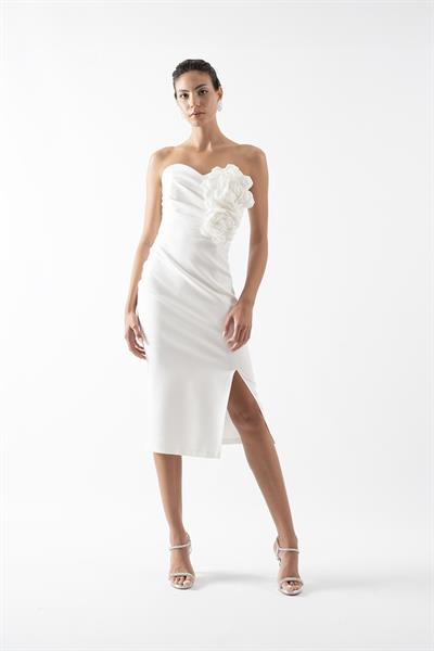 Rabalai  Kalp Yaka Straplez Göğüs Drapeli Büyük Çiçek Detaylı Kısa Abiye Elbise EKRU