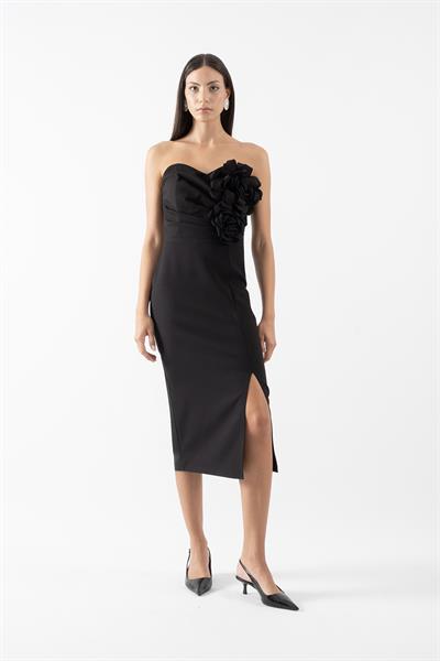 Rabalai  Kalp Yaka Straplez Göğüs Drapeli Büyük Çiçek Detaylı Kısa Abiye Elbise SİYAH