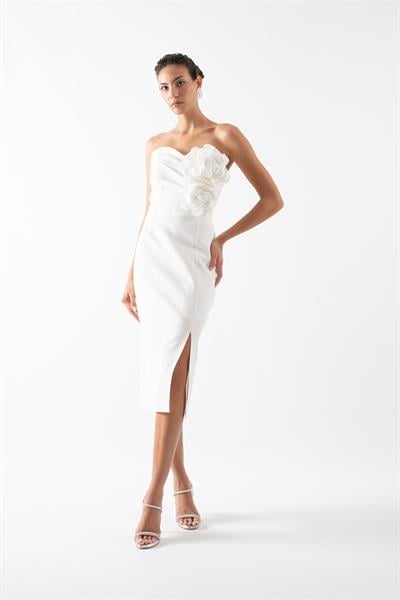 Rabalai  Kalp Yaka Straplez Göğüs Drapeli Büyük Çiçek Detaylı Kısa Abiye Elbise EKRU