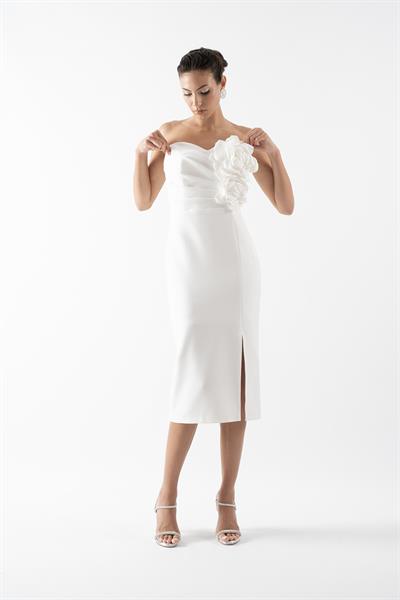 Rabalai  Kalp Yaka Straplez Göğüs Drapeli Büyük Çiçek Detaylı Kısa Abiye Elbise EKRU