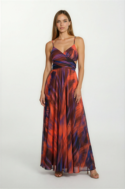 Raccosta V Yaka Yırtmaçlı Bel Yanlar Açık Uzun Abiye Elbise ORANJ